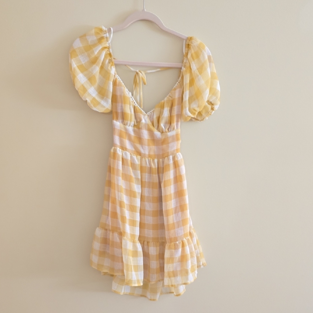 Yellow Gingham Puff Sleeve Mini Dress